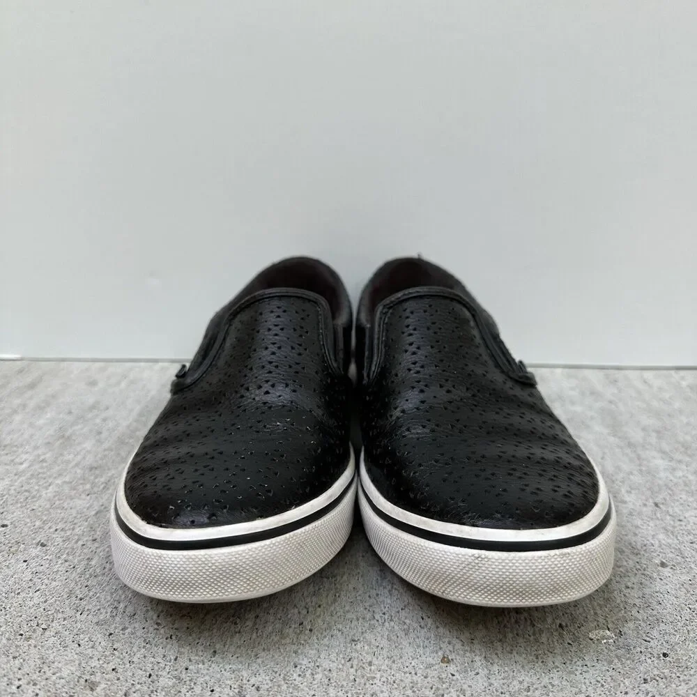 Vans Asher Slip On Shoes Womens 7 Black Perforated Leather Sneaker 721356 Skater
